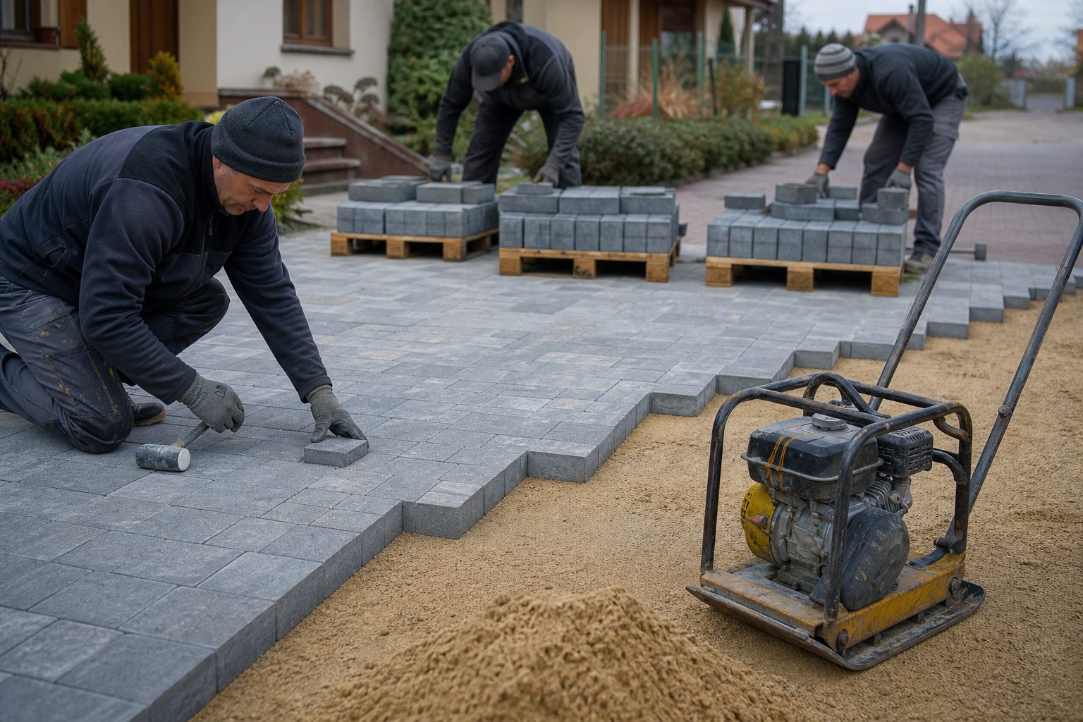 Układanie kostki z kilku palet naraz, z zachowaniem fugi